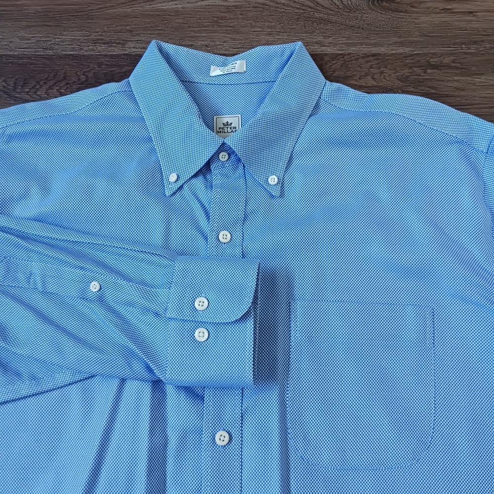 Peter Millar Nanoluxe Easycare Blue Micro Check Button Down Shirt Mens XL Cotton